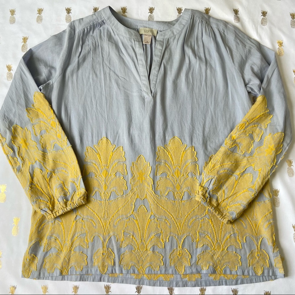 Loft Blue and Yellow Floral Appliqué Long Sleeve